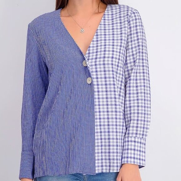 Mango Blouse Womens 4 Combined Checkered Asymmetrical Suit Top Plaid Patchwork - Picture 1 of 6